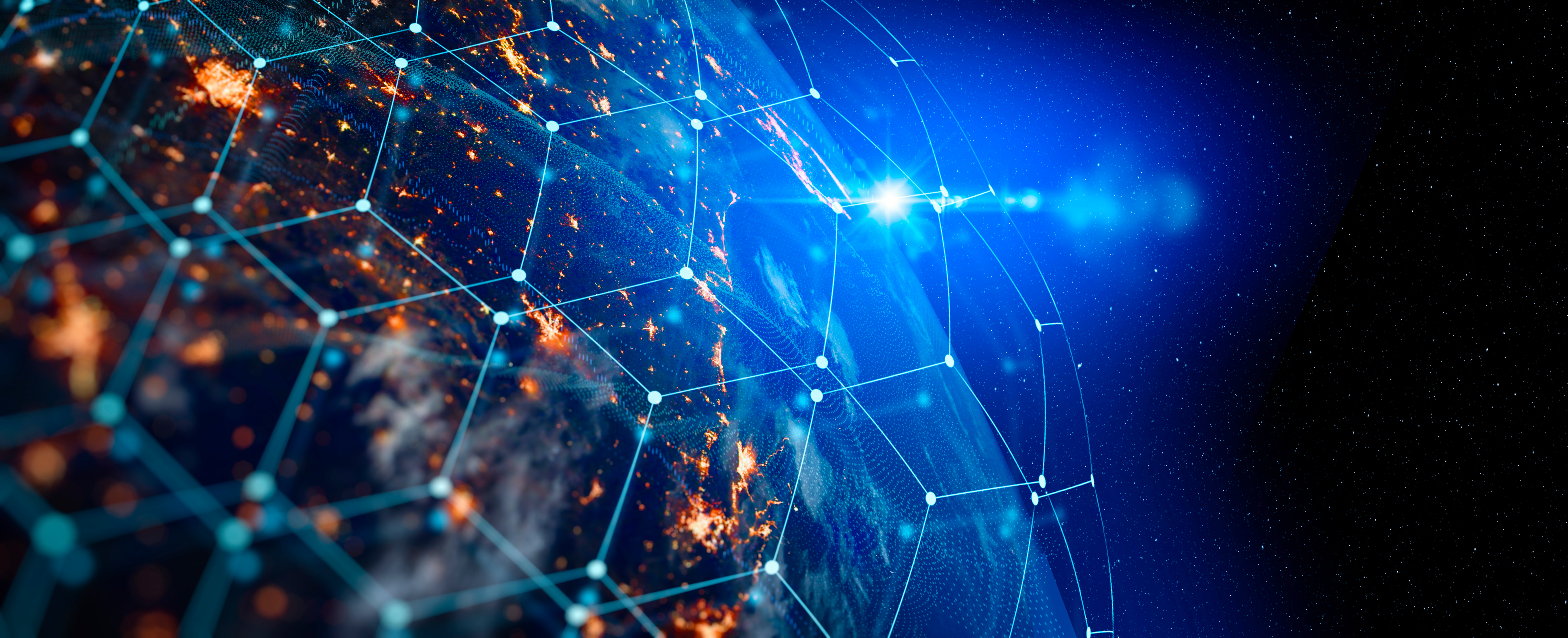Earth seen from space with wireframe grid over surface of planet showing concept of global world network communication technology