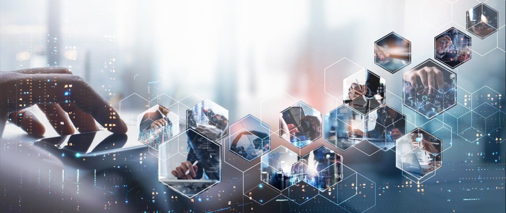 Closeup of hand on smartphone with collage of technology concepts on blurred background