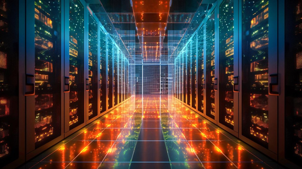 2 rows of server cabinets in server room, highly saturated color and extreme perspective