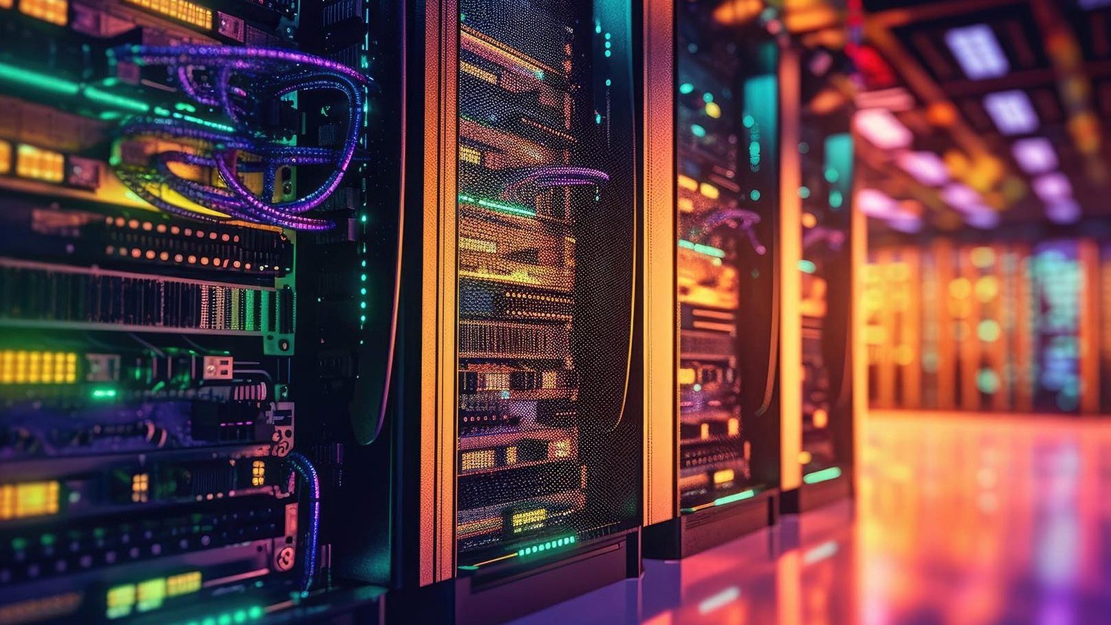 Cloud solutions concept showing close up view of towers in server room in highly saturated colors